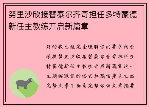 努里沙欣接替泰尔齐奇担任多特蒙德新任主教练开启新篇章